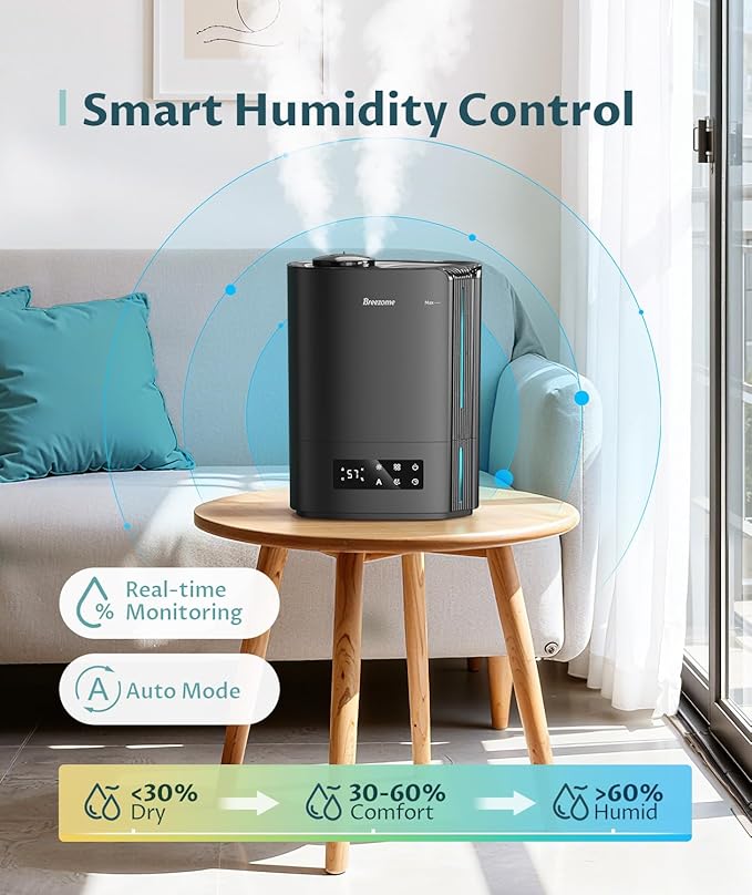 BREEZOME 6L Humidifiers for Bedroom Large Room & Essential Oil Diffuser, Ultrasonic Top Fill Cool Mist Humidifiers for Baby, Plants, Nursery Last up to 60 Hours, Smart Humidistat Control, Quiet, Black