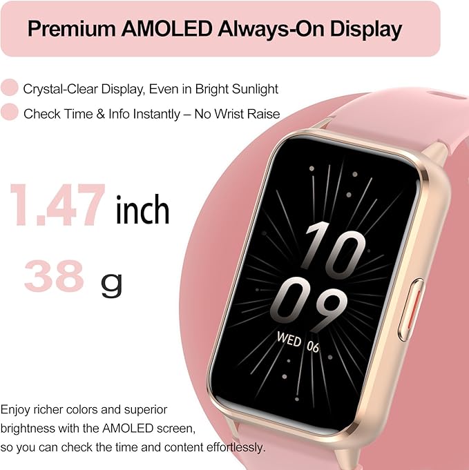 Smart Watch for Women, Fitness Tracker (Answer/Make Calls), with 1.47″ AMOLED Always-On Display, 24/7 Heart Rate, Sleep, 110+ Sport Modes, Custom Watch Faces, Compatible with Android&iPhone, A1