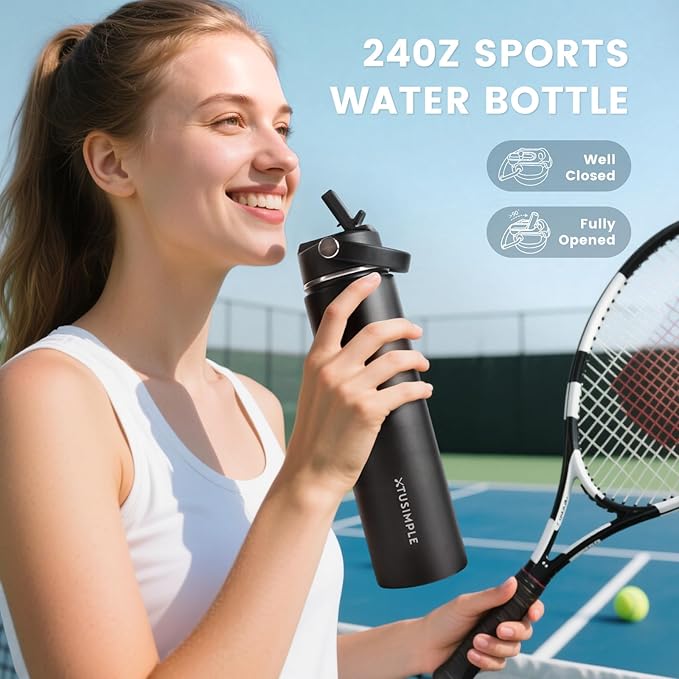 24oz Insulated Travel Water Bottle - Stainless Steel, Leakproof - Keep Hot for 12hrs & Cold for 30hrs - for Outdoors, Sports, Bike, Gym, Marathon - Gift for Women, Men (Black)