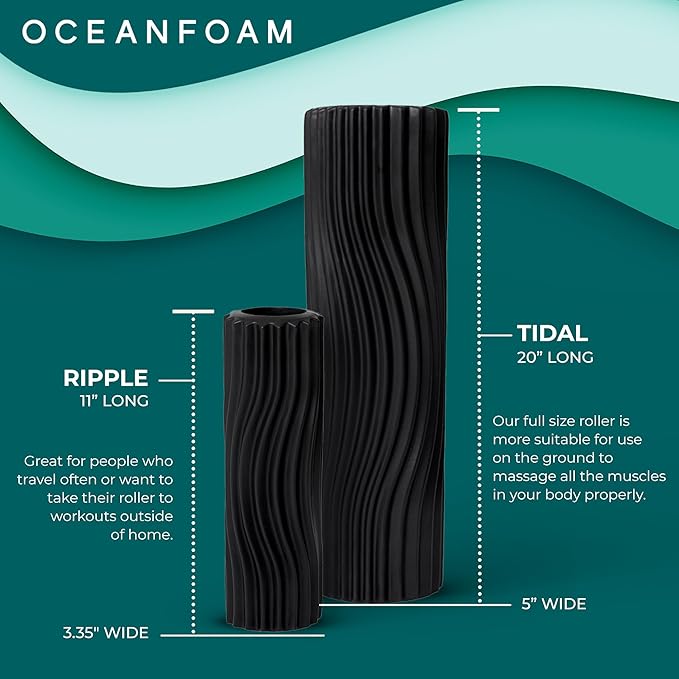 Oceanfoam Tidal Roller - Black - Muscle Massage Foam Roller for Back Pain & Stretching - Firm and Ergonomic Wide Wave Textured - Yoga, Athletics, & Wellness - Full Size, 20" x 5"