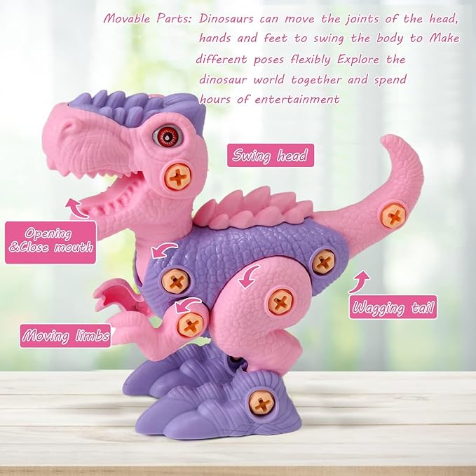 FREE TO FLY Girls Toys Take Apart Dinosaur: Pink Dinosaur Play Set for Kids 3-5 5-7, Stem Learning Educational Montessori for 3 4 5 6 7 8 Year Old Girls Toddlers Autism Sensory Xmas Birthday Gifts