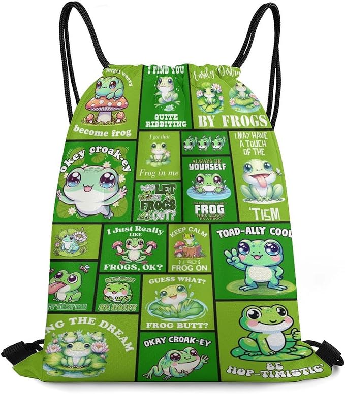 Frog Drawstring Backpack - Cute Cinch Sack, String Backpacks for Kids Women Men Boys Girls for Gym Outdoor Sports Travel Athletic Drawstring Bag - Lightweight/Foldable