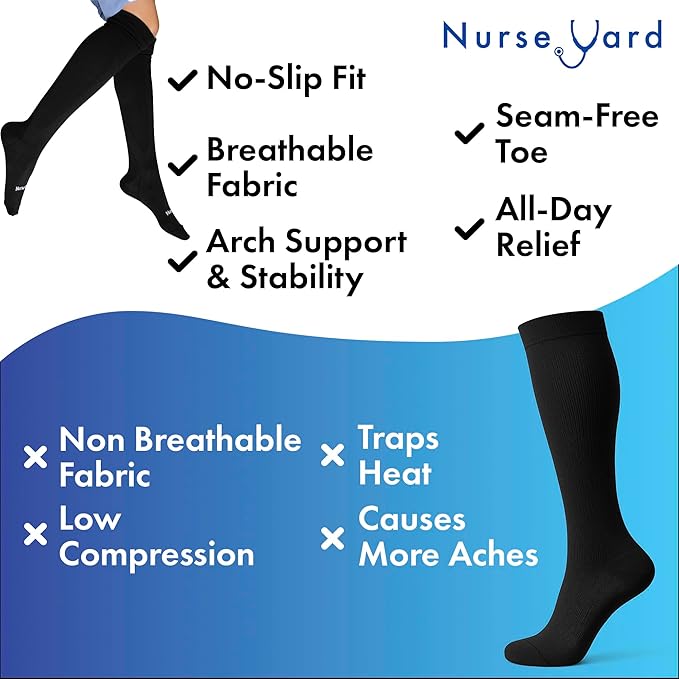 Compression Socks - Unisex, 20-30mmHg, Black, Solid, Medical Compression, Nurses, Athletes, Active Individuals