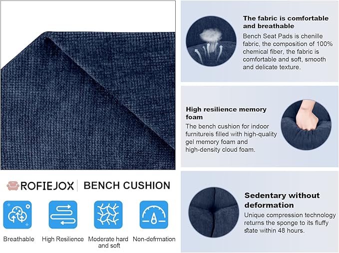 Bench Cushion 48 Inch - Chenille Fabric, High-Density Foam, Non-Slip Bottom, Soft Durable Indoor Tufted Long Seat Cushion for Window Garden Furniture (Deep Blue, 48x16x4 Inch)