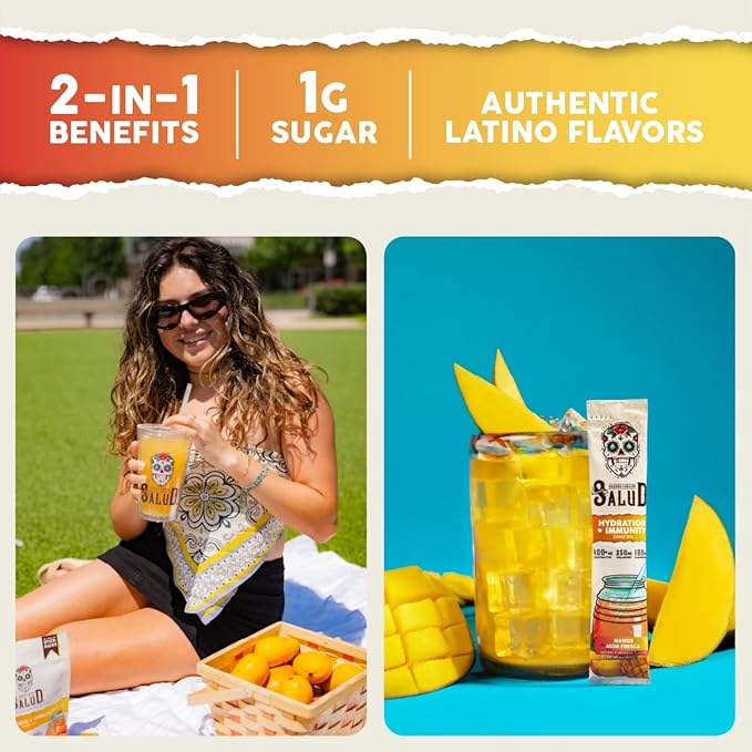 Salud 2-in-1 Hydration Packets + Immunity Electrolytes Powder, Mango - Agua Fresca Drink Mix, Elderberry, Dairy & Soy Free, Non-GMO, Gluten Free, Vegan, Low Calorie, 1g Sugar (15 Servings)