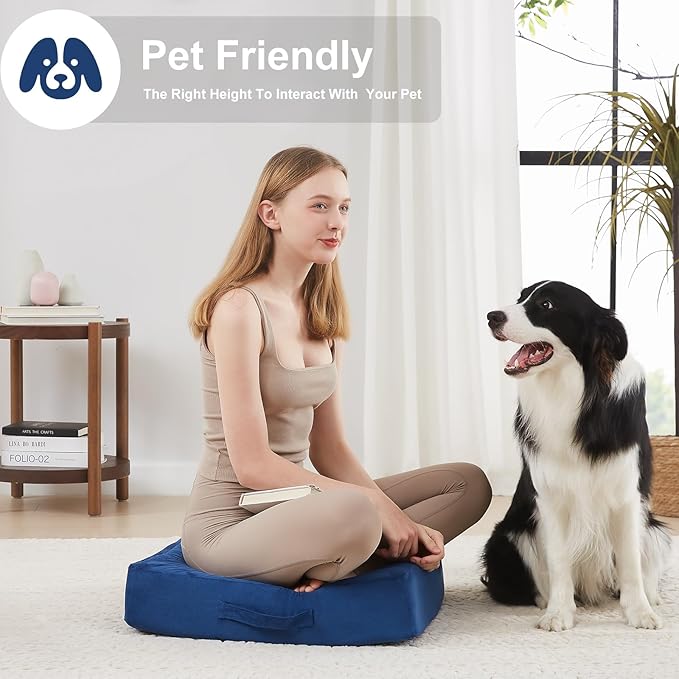 2 Pcs High Density Foam Floor Pillow - Upgraded Large Pillows Seating for Adults - Outdoor Floor Cushion with Soft Tufted Cover - Yoga Pillows for Sitting On Floor - 22 Inch Navy Blue