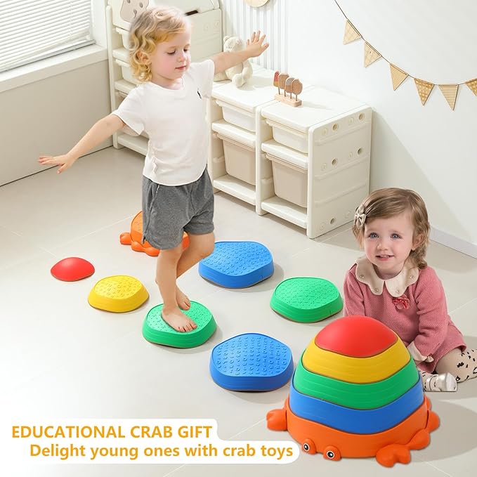 UBRAVOO Stepping Stones for Kids, 5 Pcs Non-Slip Crab Balance Stones,Promoting Toddler's Balance & Coordination,Indoor or Outdoor Play for Kids Aged 3+ (Crab)