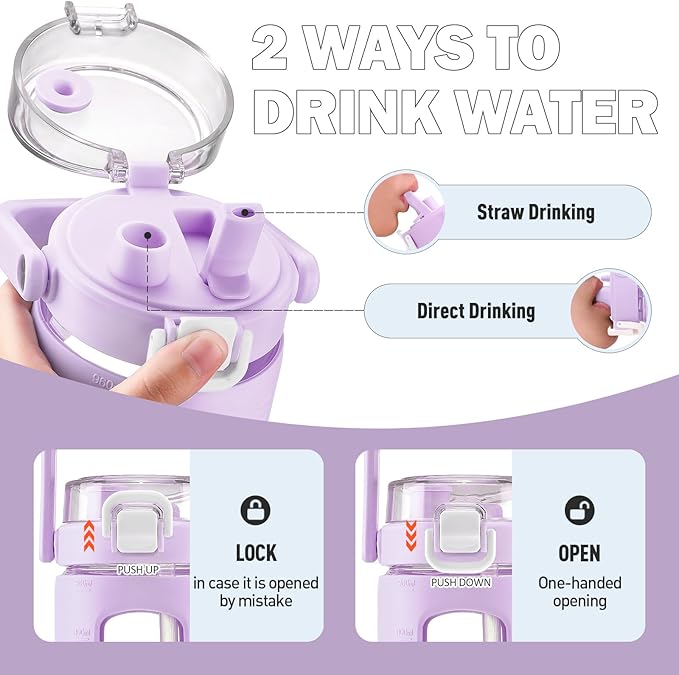 BLUEGO 32oz Glass Tumbler with Lid and Handle, Iced Coffee Cup with Straws, Glass Water Bottle with Silicone Sleeve and Volume, Marker Glass Cup with Time Marking, BPA Free, Purple