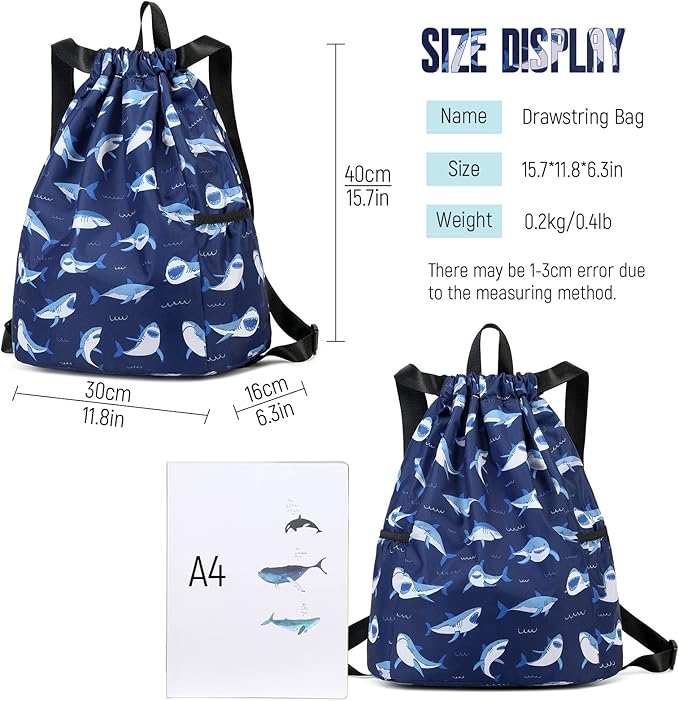 Children Boy Girl Ocean Shark Print Drawstring Backpack Outdoor Casaul Portable Shoulder Bag Swim Gymsack Sack Pack Dark Blue