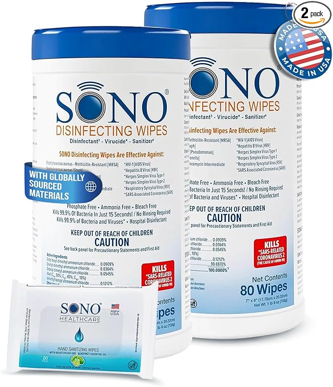 SONO Disinfecting Wipes - 160 Count (Pack of 2) + Sanitizer, Alcohol-Free, No Bleach, Medical-Grade, Multi-Surface Cleaning for Home, School, Office