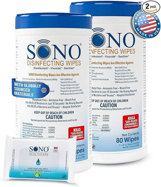 SONO Disinfecting Wipes - 160 Count (Pack of 2) + Sanitizer, Alcohol-Free, No Bleach, Medical-Grade, Multi-Surface Cleaning for Home, School, Office