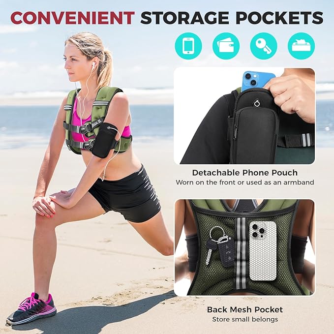 BAGAIL Weighted Vest, 5lbs/8lbs/10lbs/12lbs/15lbs/20lbs/25lbs/30lbs Weight Vest with Detachable Phone Pouch, Rucking Vest for Women, Men, Walking, Weight Loss, Training, Running