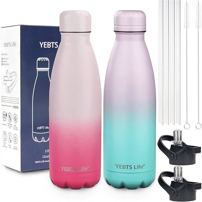 Insulated Water Bottle,12oz Stainless Steel Water Bottles with straw lid,Metal Sports Water Bottles for Boys,Girls,Double Wall Vacuum BPA-Free Flask for School, Sports & Travel (Sunset & Sea)