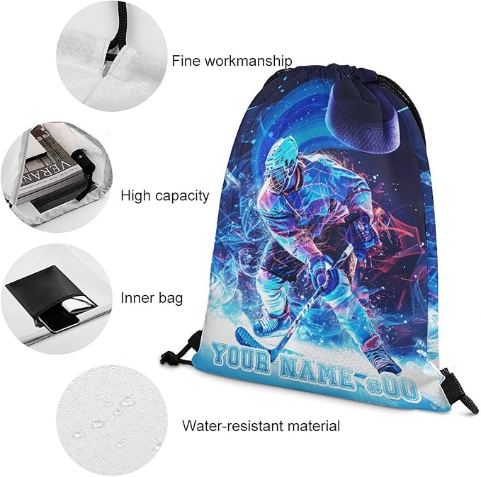 Custom Hockey Drawstring Backpack - Cool Cinch Sack, String Backpacks for Kids Women Men Boys Girls for Gym Outdoor Sports Travel Athletic Drawstring Bag - Lightweight/Foldable