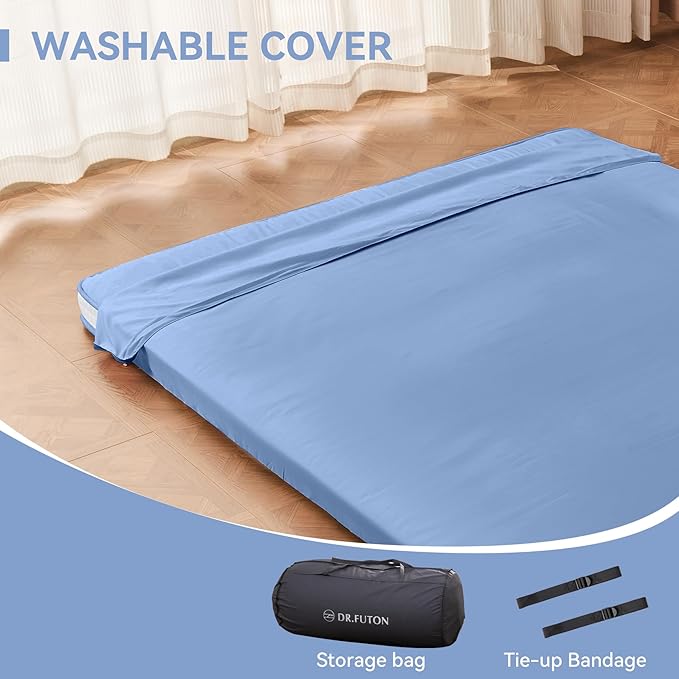 Dr.Futon Japanese Floor Futon Mattress Extra Thick Folding Roll Up Bed Topper Mat for Guest,Lounger and Tavel