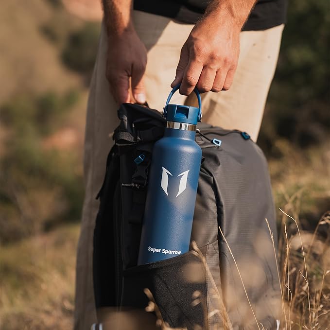 Super Sparrow Insulated Water Bottle - 17 Oz / 25 Oz / 32 Oz - Standard Mouth FlipFlow Flask - BPA Free, Leak Proof Drink Bottle- Ergonomic Straw Water Bottles for Work, Gym, Travel, Sports