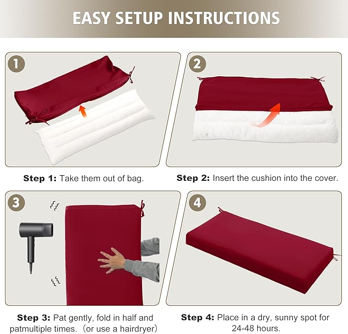 Outdoor Bench Cushion Waterproof 45"x18" – Fade-Resistant Patio Furniture Cushion with Ties for Porch Swing, Loveseat, or Indoor Bench Replacement, Burgundy