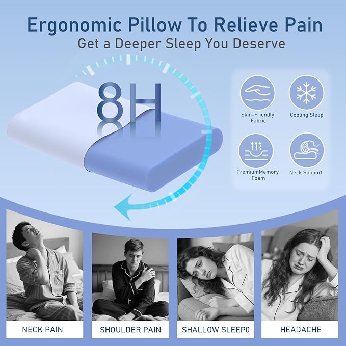 Cervical Pillow for Neck Pain Relief, 3.9 Inch Cooling Memory Foam Pillow, Ergonomic Support Pollow for Side and Back Sleepers