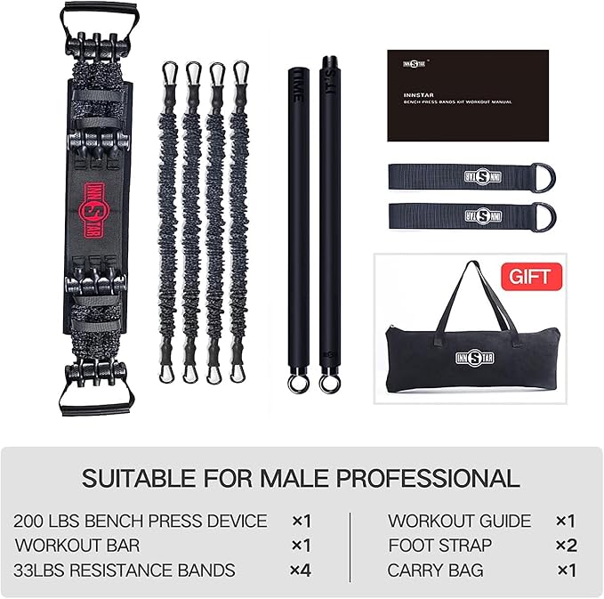 INNSTAR Resistance Bands Bar Exercise Bands Attachment 38" Black Max Load 800lb for Home Gym Workout Full Body Workout Power Lifting Fitness Bar