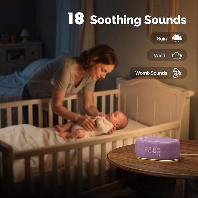 1Mii White Noise Sound Machine for Sleep, Brown Noise Machine for Baby Adults Sleeping, 18 Soothing Sounds with 7-Color Night Light, Timer, Alarm Clock, Volume Control, Remote App Control - Purple
