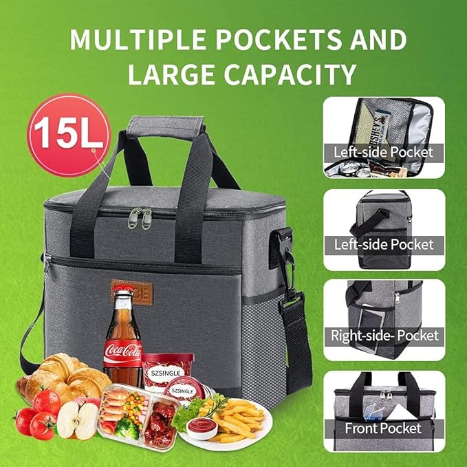 iknoe Large Cooler Bag Collapsible, 15L Insulated Bags, Leakproof Lunch Cooler Tote with Multi-Pockets for Adult, Insulated Lunch Box for Beach, Picnic,Work, Grey 24-Can