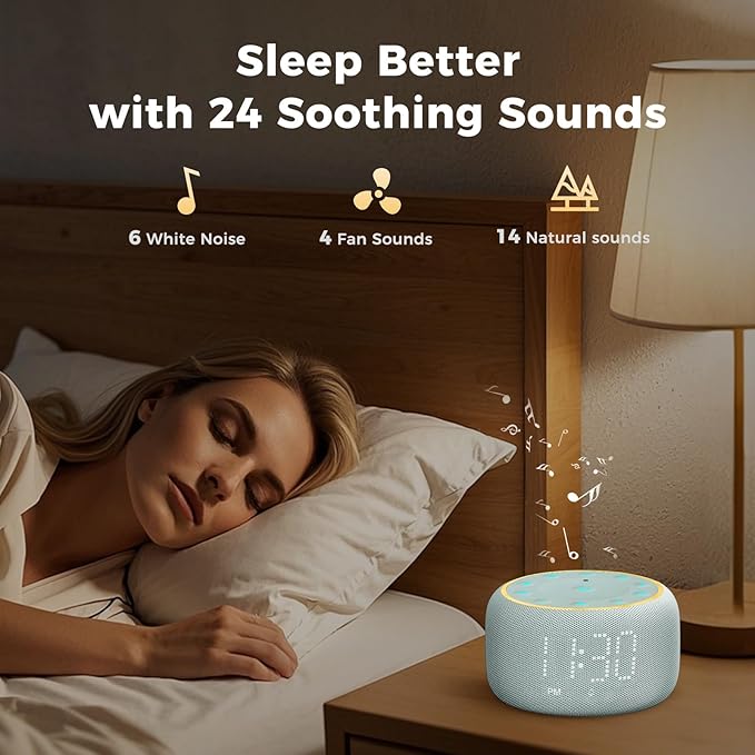 White Noise Machine Alarm Clock: Auto-Dimmable Clock for Bedrooms - 5W Stereo Bluetooth Speaker - Sound Machine with 24 Sleep Sounds for Adults Kids