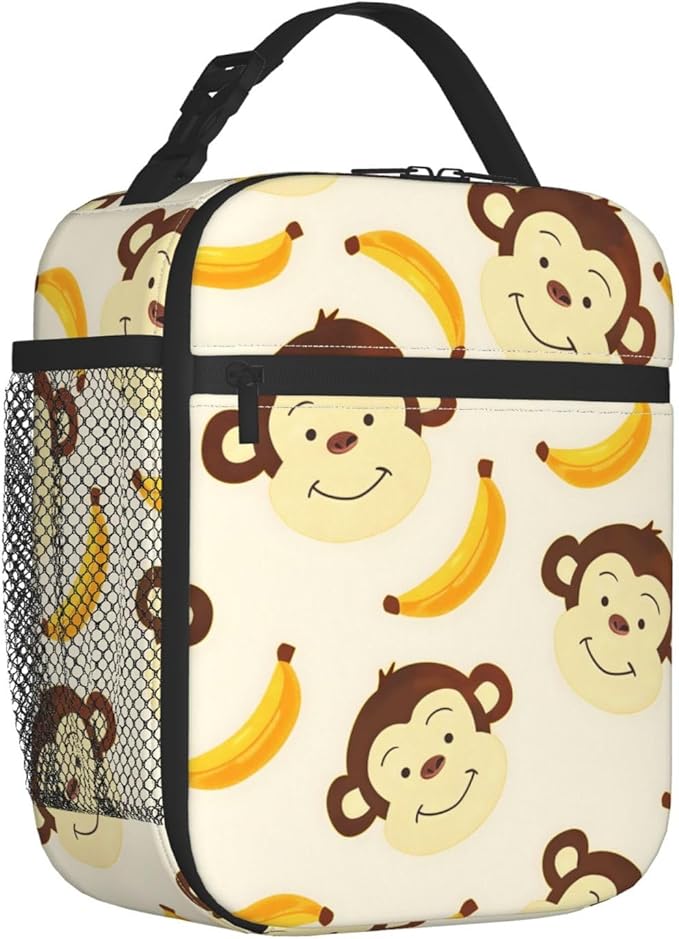 Cute Cartoon Monkey Lunch Box for Women Girls Kids, Insulated Cooler Monkey and Banana Lunch Bag for School, Picnic, Office, Travel, Work, Portable Reusable Polyester Thermal Tote Lunch Bags