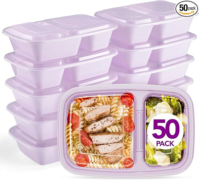 Glotoch 50 Pack Purple Meal Prep Containers Reusable 2 Compartments, Glotoch 32OZ to Go Containers for Food, Disposable Plastic Food Containers with Lids for Microwave Dishwasher Freezer Safe
