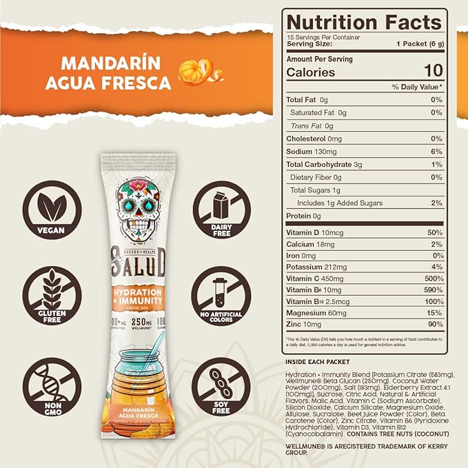 Salud 2-in-1 Hydration Packets + Immunity Electrolytes Powder, Mandarin - Agua Fresca Drink Mix, Elderberry, Dairy & Soy Free, Non-GMO, Gluten Free, Vegan, Low Calorie, 1g Sugar (15 Servings)