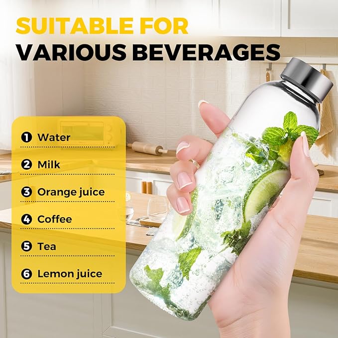 Set of 6 Clear Glass Water Bottles with Lid 14oz for Juicing Reusable Bottle Glass Cup with Stainless Steel for Juicing, for Halloween Refrigerator 100% Leak Proof Drinking Jar, BPA Free