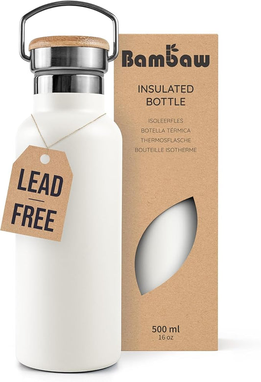 Bambaw Insulated Water Bottle 16 oz, White Water Bottle BPA Free, Stainless Steel Water Bottle, Travel Water Bottle with Handle, Metal Water Bottle Stainless Steel – Polar White