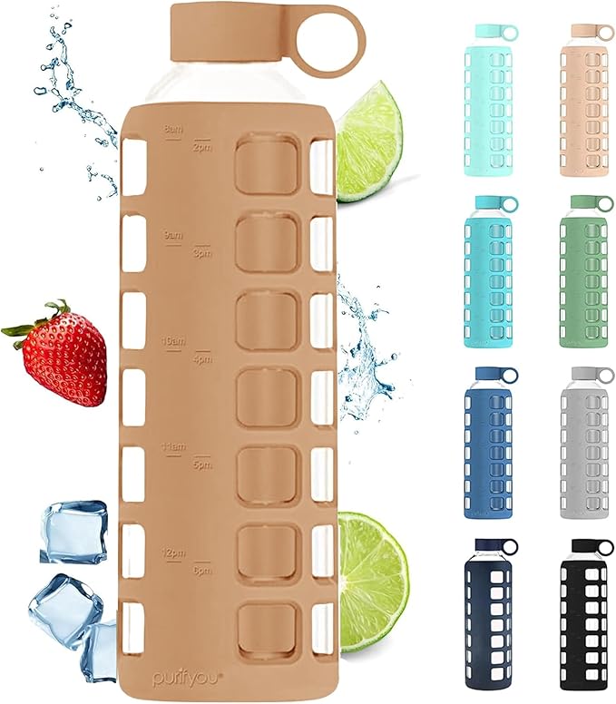 purifyou 40oz / 32oz / 22oz / 12oz Borosilicate Glass Water Bottle with Time & Volume Markers, Silicone Sleeve, Stainless Steel Lid | Reusable Glass Bottle for Water & Juice (32oz Iced Coffee)