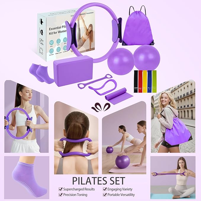 Pilates Kit for Women, Home Pilates Equipment Set with Pilates Ring and 2 Ball, 5 Resistance Bands, Yoga Block,Full Body Core & Flexibility Training,14-in-1 Portable Durable At Home Pilates Kit