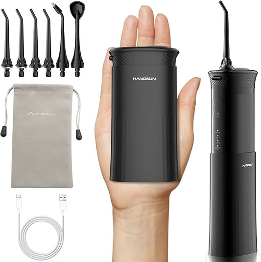 HANGSUN Portable Travel Water Flosser - Compact Cordless,30 Days Battery, Deep Plaque Removal, 4 Modes with DIY, 6 Nozzles for Sensitive Gums&Braces, IPX7, Telescopic 180ml Tank, Rechargeable, Black