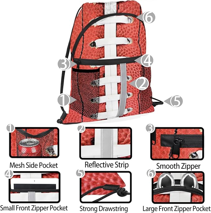 Football Laces Drawstring Backpack,Waterproof Sports Gym Bag with Shoes Compartment and Bottle Holder,Travel Tote Bags for Beach,Swimming,Yoga Gifts