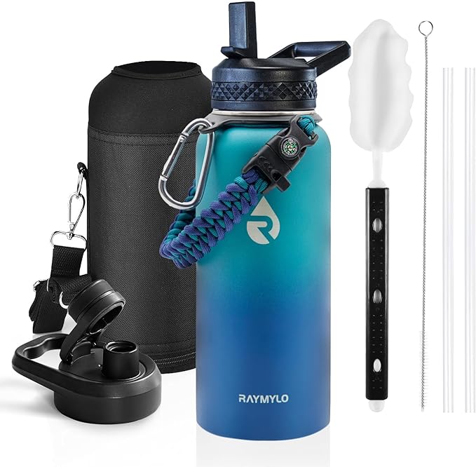 Insulated Water Bottle 32 oz, Triple Wall Vacuum Stainless Steel (Cold for 48 Hrs), Leak Proof & Non-BPA, Modern Water Flask Jug with Paracord Handle & Straw Spout Lids, Cyan Blue