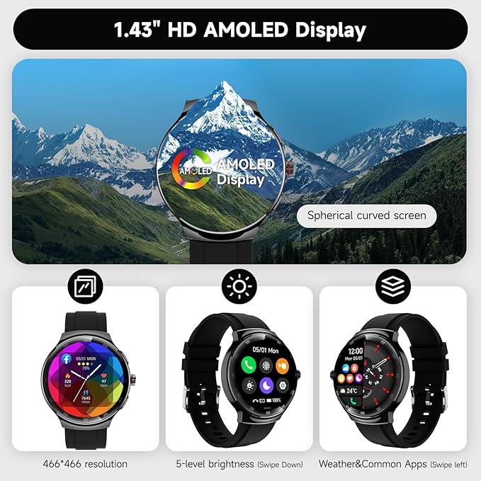 Smart Watches for Men Women, 1.43" AMOLED Fitness Tracker, Make/Answer Calls Digital Waterproof Smartwatch, 150+ Sports Mode, Heart Rate/SpO2/Sleep Monitor, Android & iOS Compatible, 2 Bands