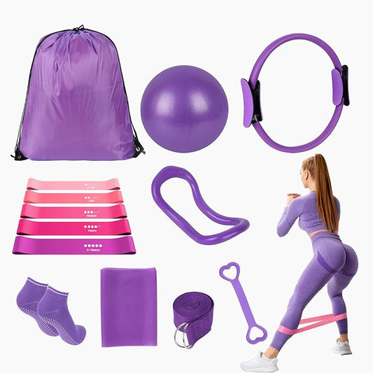 13 Pcs Pilates Essentials Kit for Women, Home Workout Equipment Set with 9.8” Ball, Magic Circle, Accessories, Perfect for Beginners to Toning & Fitness, Pink