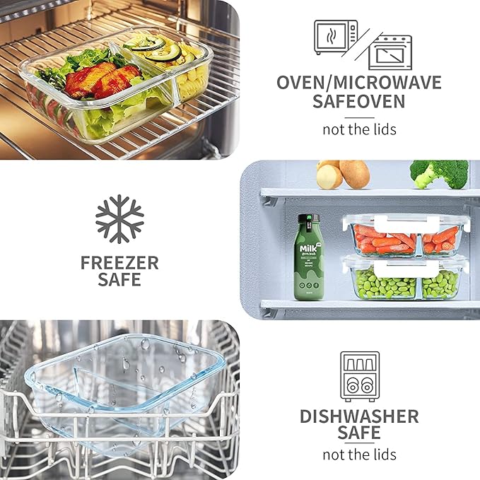 KOMUEE 10 Packs 30oz Glass Meal Prep Containers 2 Compartments,Glass Food Storage Containers with Lids,Airtight Lunch Bento Boxes,Oven,Freezer and Dishwasher Safe, White