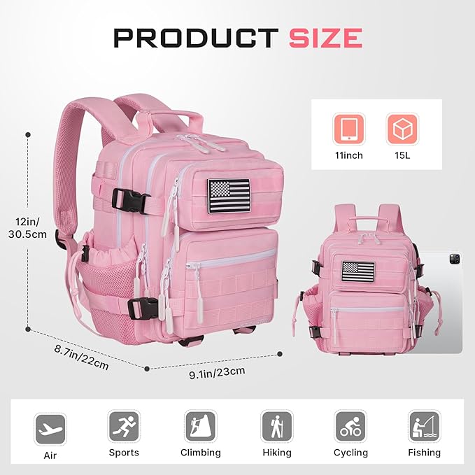 15L Mini Tactical Backpack Small Tactical Backpack for Women, Military Backpack for Gym, Hiking, Daily (Pink-15L)