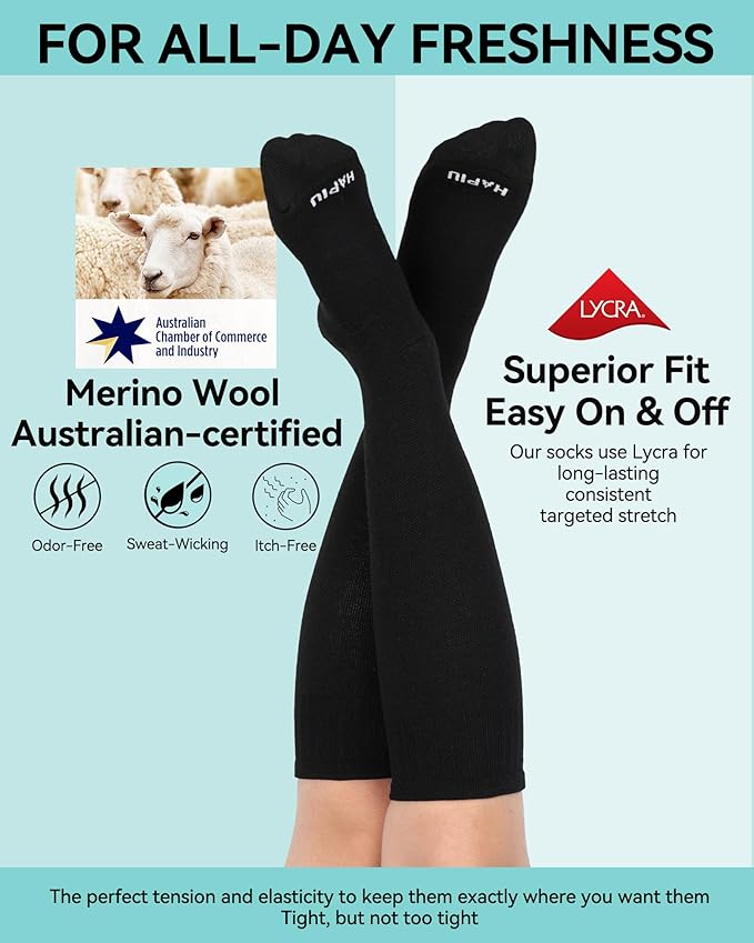 HAPIU Merino Wool Easy On Compression Socks for Women & Men, 15-20 mmHg, Plus Size Knee High Stocking for Nurses, Pregnancy, Travel, Flight, Medias de Compresión Mujer