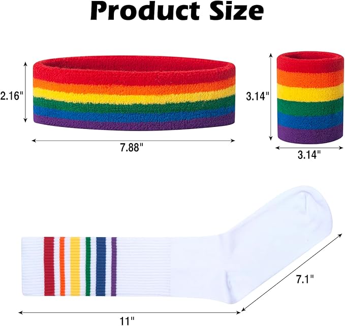 ONUPGO 5 Pieces Sweatbands Striped Socks Set Sports Headband Wristbands High Tube Socks 80s Accessories Costumes