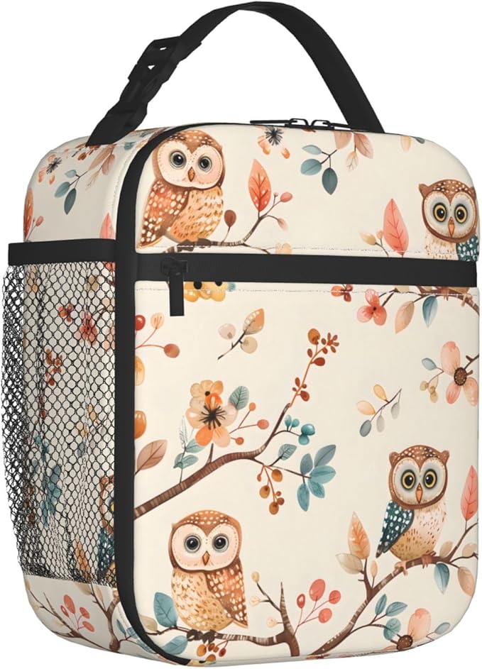 Cool Owl Lunch Box for Kids,Bird Insulated Bag for Student,Animal Reusable Thermal Insulation Cooler Tote Bags for School Work Picnic Camping Outdoor Gifts (Woodland Owl and Floral)