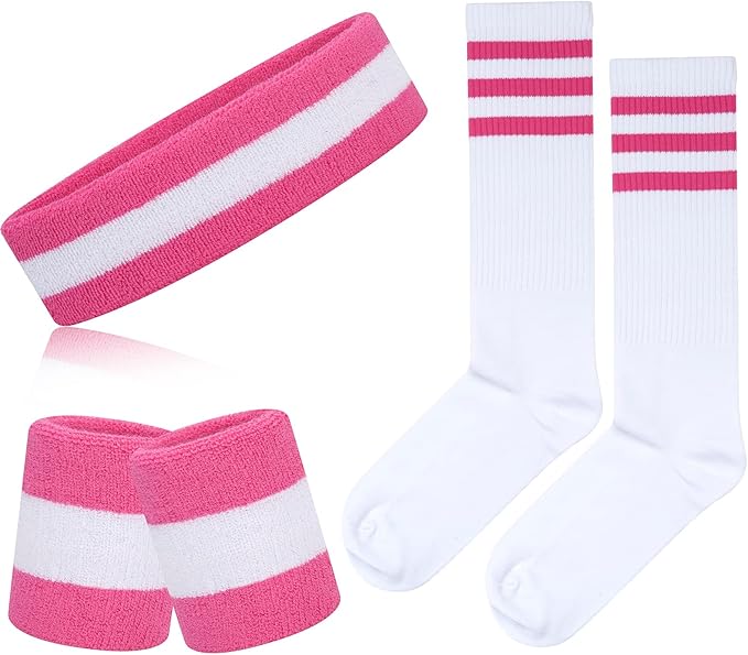 ONUPGO 5 Pieces Sweatbands Striped Socks Set Sports Headband Wristbands High Tube Socks 80s Accessories Costumes