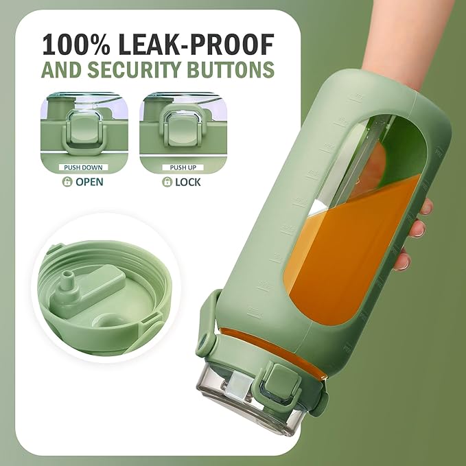 BLUEGO 64oz Glass Water Bottles with Straw Time Marker Half Gallon Large Motivational Water Bottle with Silicone Sleeve 2 Liter Large Glass Water Jug for Gym, Sports& Workout, Daily, 02 Olive