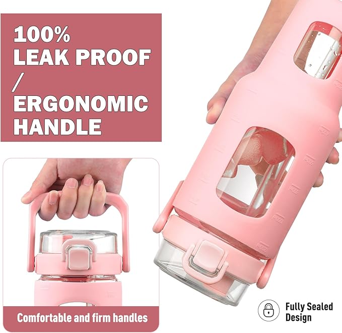 BLUEGO 40 oz Glass Water Bottle with Straw, Leakproof Glass Drinking Bottle with Time Marker and Silicone Sleeve, Wide Mouth Water Bottle for Travel, Gym, Workout, Pink