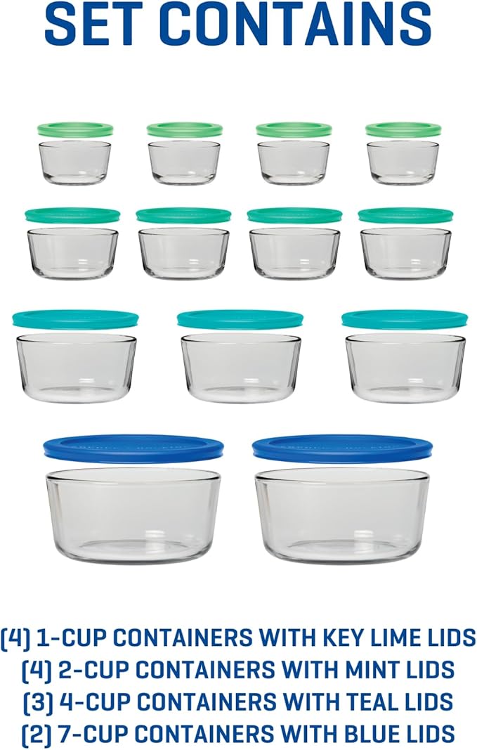 Anchor Hocking 26 Piece Glass Storage Containers with Lids (13 Glass Food Storage Containers & 13 Mixed Blue SnugFit Lids)