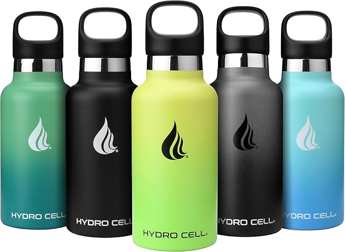HYDRO CELL Stainless Steel Water Bottle with Straw & 2 Standard Mouth Lids (32oz 24oz 20oz 16oz) Keeps Liquids Hot or Cold w/Double Wall Vacuum Insulated Leak Proof Sport Design (Neon/Neon 16oz)