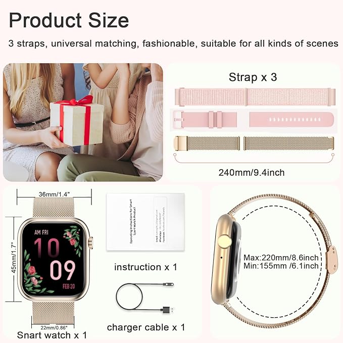 GADIXY Smart Watches for Women Answer/Make Calls,1.83" Ultra-Clear HD,7 Day Battery Life,Fitness Watch with HR/BP/SpO2/Sleep Monitor,120+Sports IP68 Women Smartwatch for Android/iOS,3 Bands,Rosegold