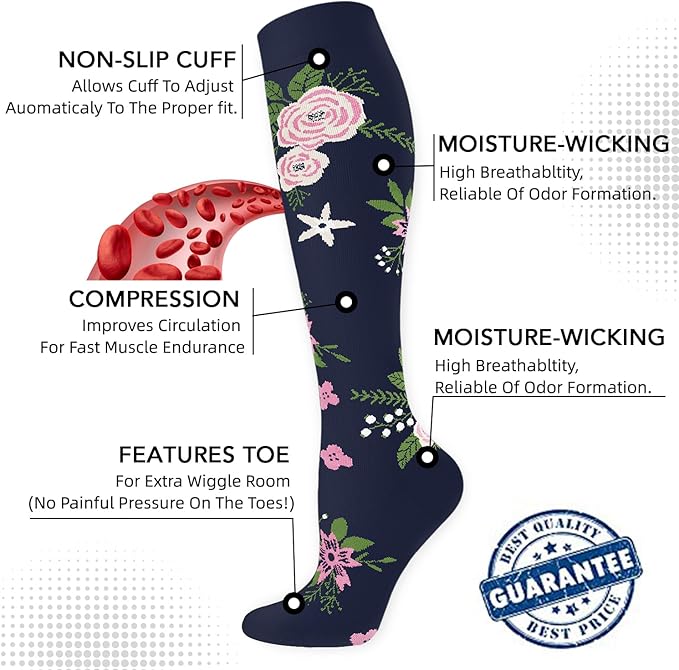 Graduated Compression Socks for Women&Men 20-30mmhg Knee High Socks Travel Hiking Running Stocking